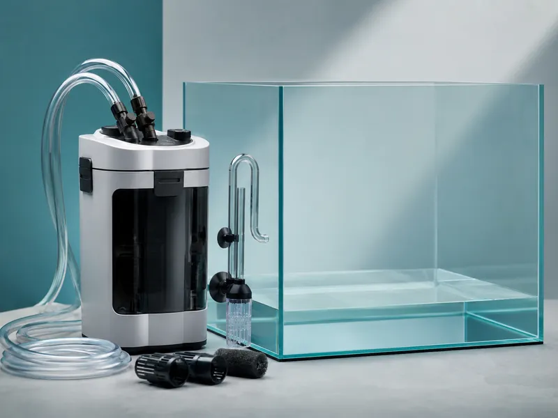 Aquarium canister filter beside a glass tank