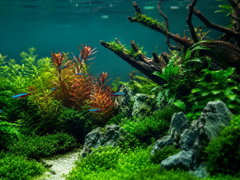Lush green freshwater planted aquarium